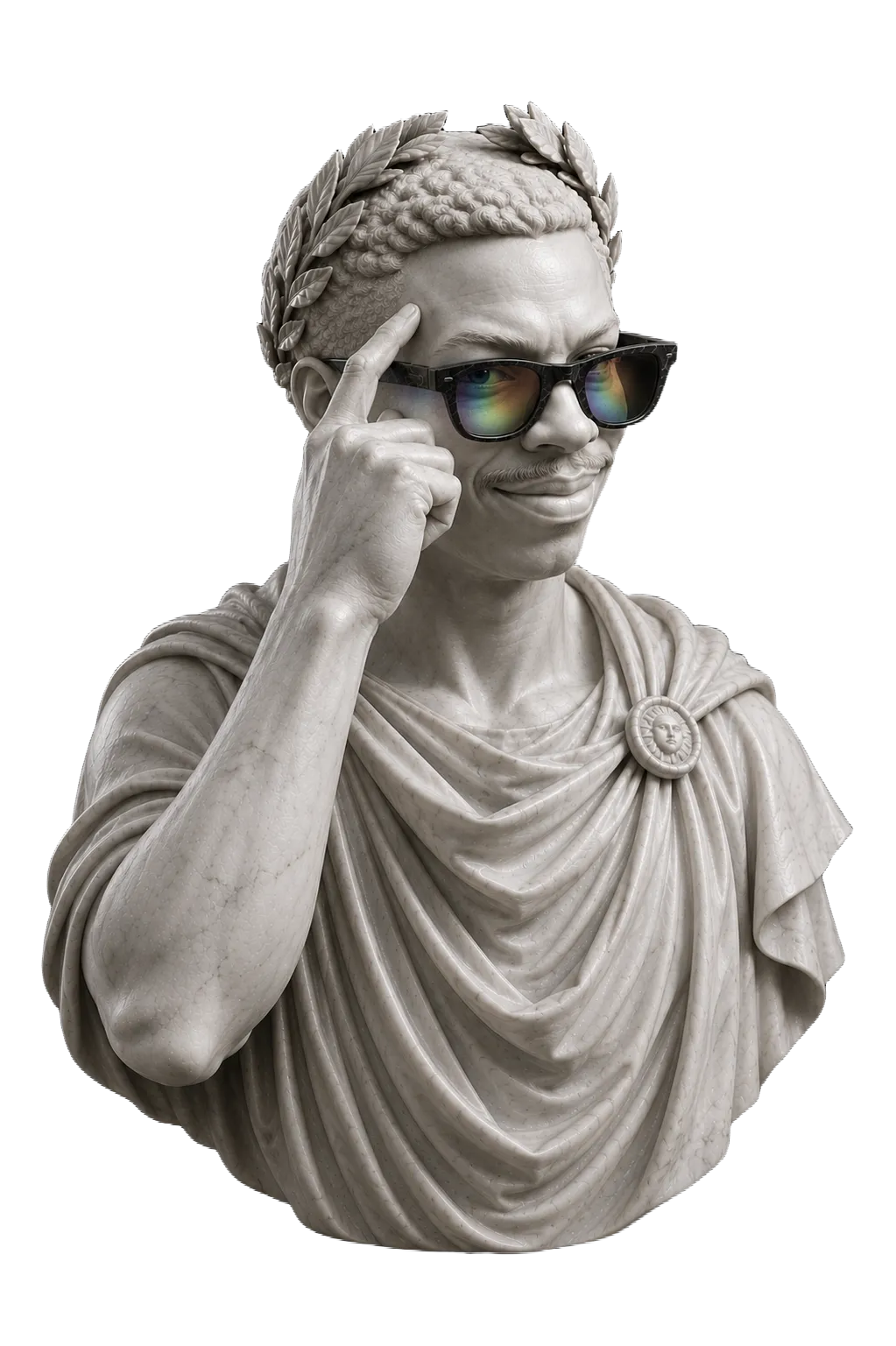 A marble bust in a laurel crown wearing sunglasses with prism-lit lenses, one finger raised to its temple