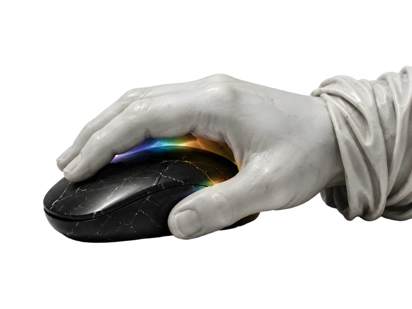 A marble hand resting on a black marble mouse, prism light glowing beneath it