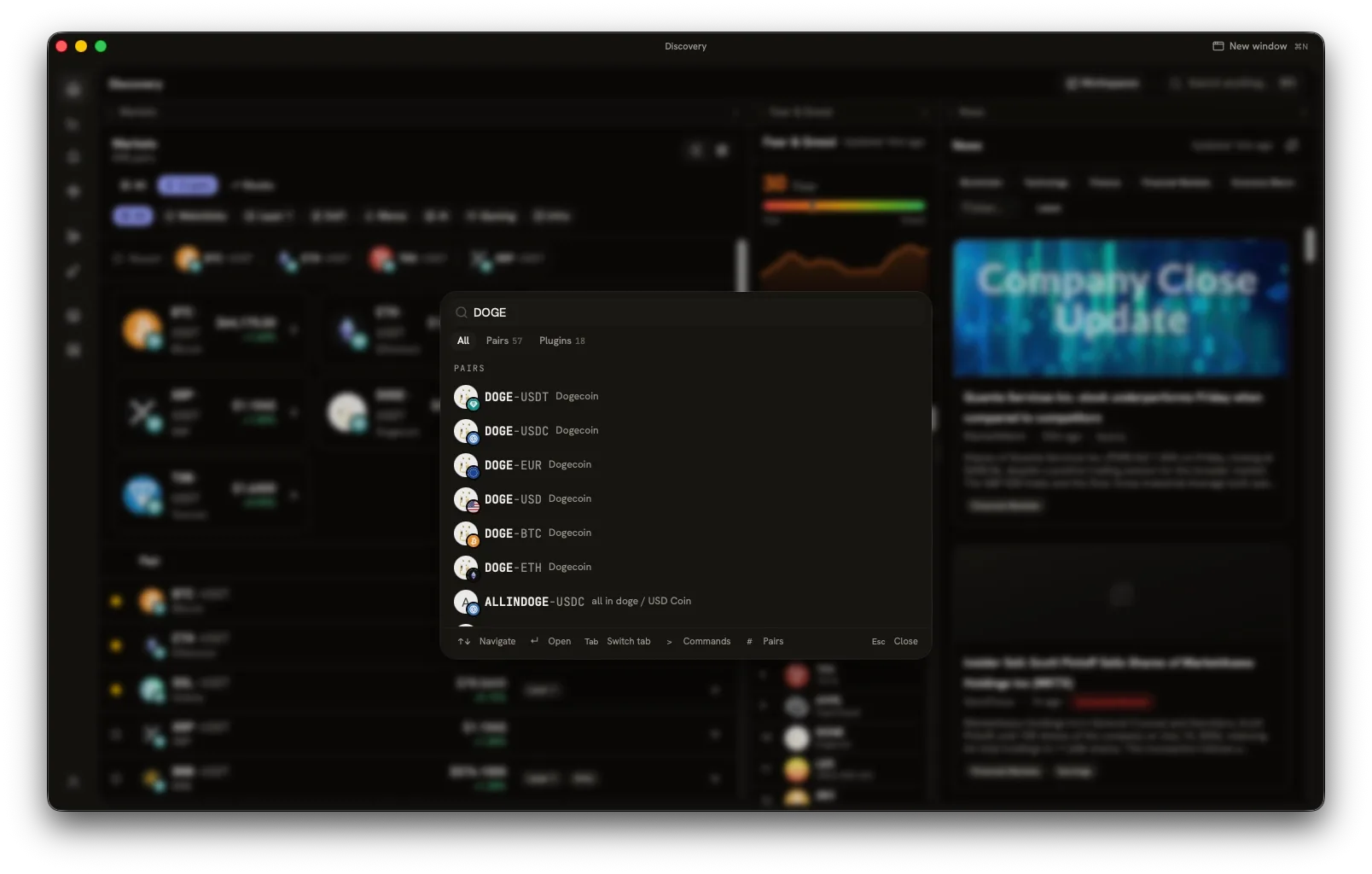 The Pairlens omnisearch palette open over a chart