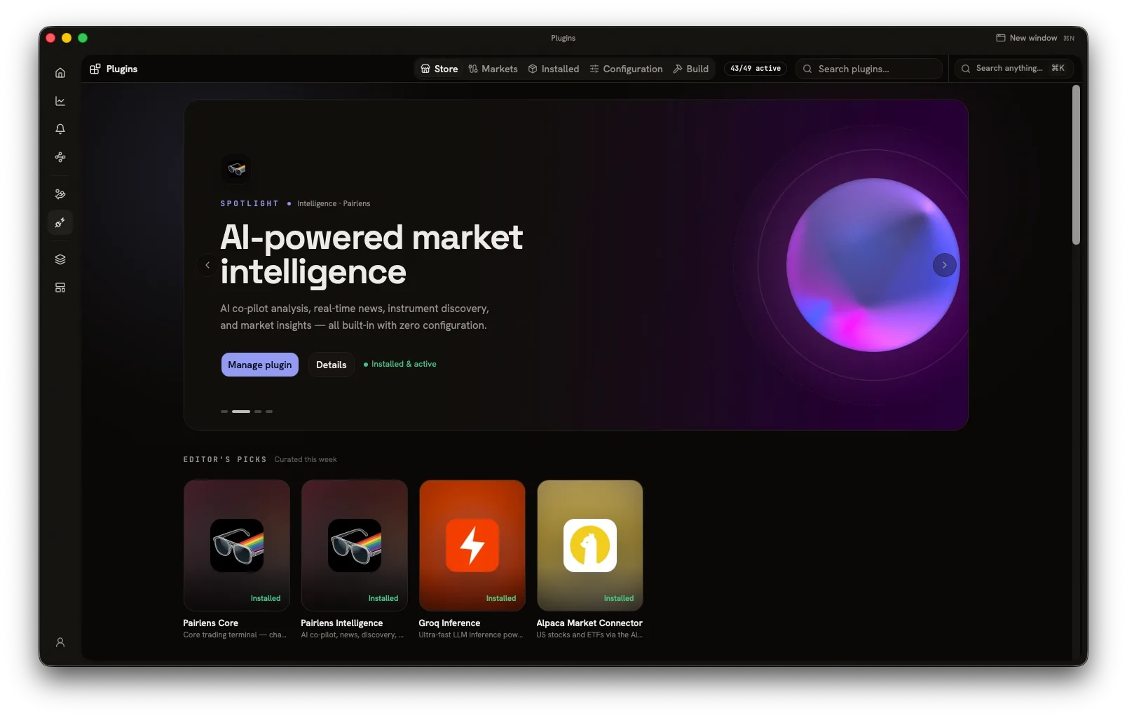 The Pairlens plugin store listing venue, brain and asset plugins