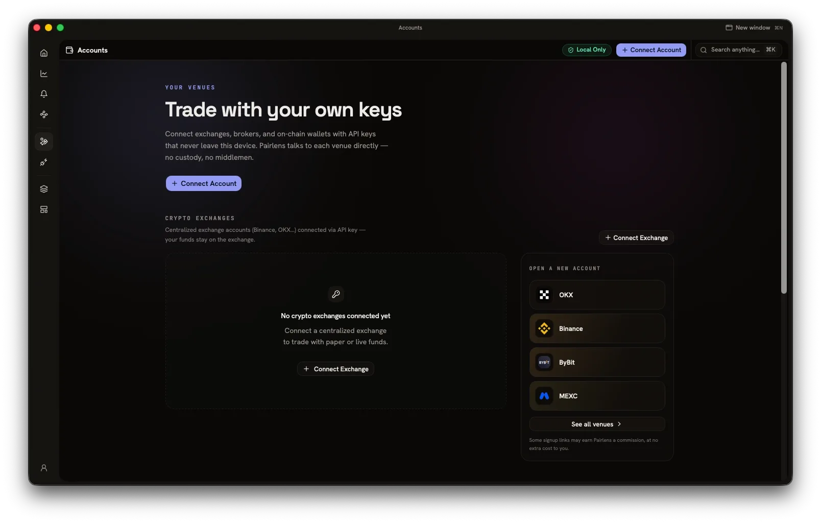 The Pairlens accounts screen showing venue keys held in the OS keychain