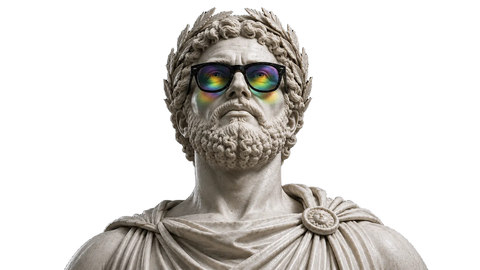 A marble bust of Zeus wearing the Pairlens lens, prism light refracted across his eyes